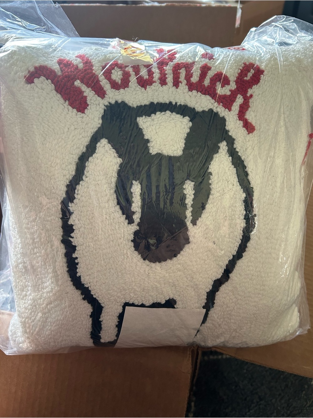 Woolrich White Throw Pillow with Black Sheep Motif and Red Script